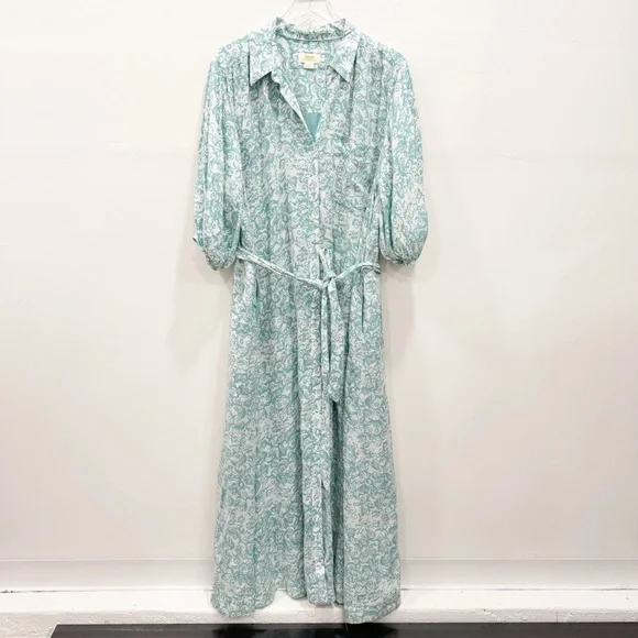 Anthropologie Maeve Button Front Belted Wrap Maxi Dress in Sky Size XL Linen - Picture 5 of 10
